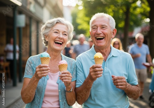 Happy senior couple laughing while holding ice cream cones on a sunny day outdoors together
