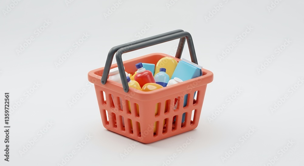 Fototapeta premium Shopping Basket Filled with Groceries 3D Render Illustration of Everyday Items in a Supermarket Cart