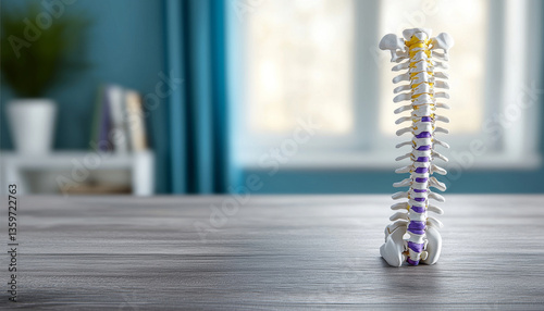 detailed anatomical model of human spine displayed on wooden table, showcasing vertebrae and spinal structure in bright room
