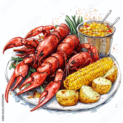 Watercolor Crawfish Boil with Corn and Potatoes