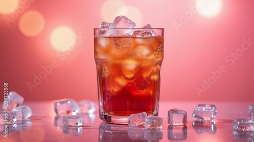 A glass of iced tea with ice cubes on a reflective surface.