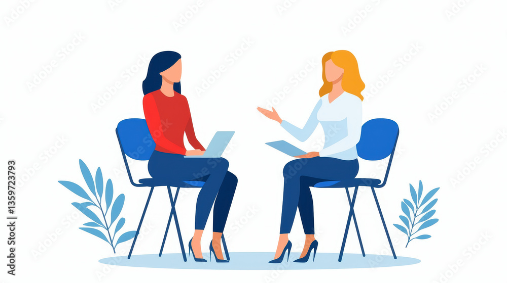 Fototapeta premium Two businesswomen engage in productive discussion, showcasing leadership and collaboration in professional setting. businesswoman leader digital nomad