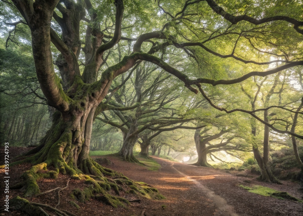 Fototapeta premium Serene ancient grove: secluded forest portrait photography captures ethereal beauty.