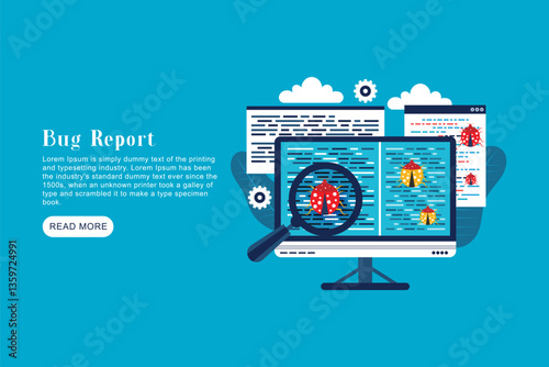 Computer virus concept. Hand with magnifying glass testing software. Bug virus icon on computer screen
