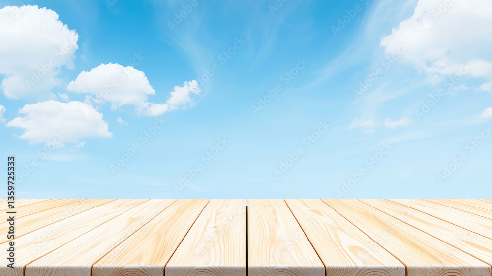 serene wooden table against bright sky with fluffy clouds creates peaceful atmosphere serene wooden table against bright sky with fluffy clouds creates peaceful atmosphere