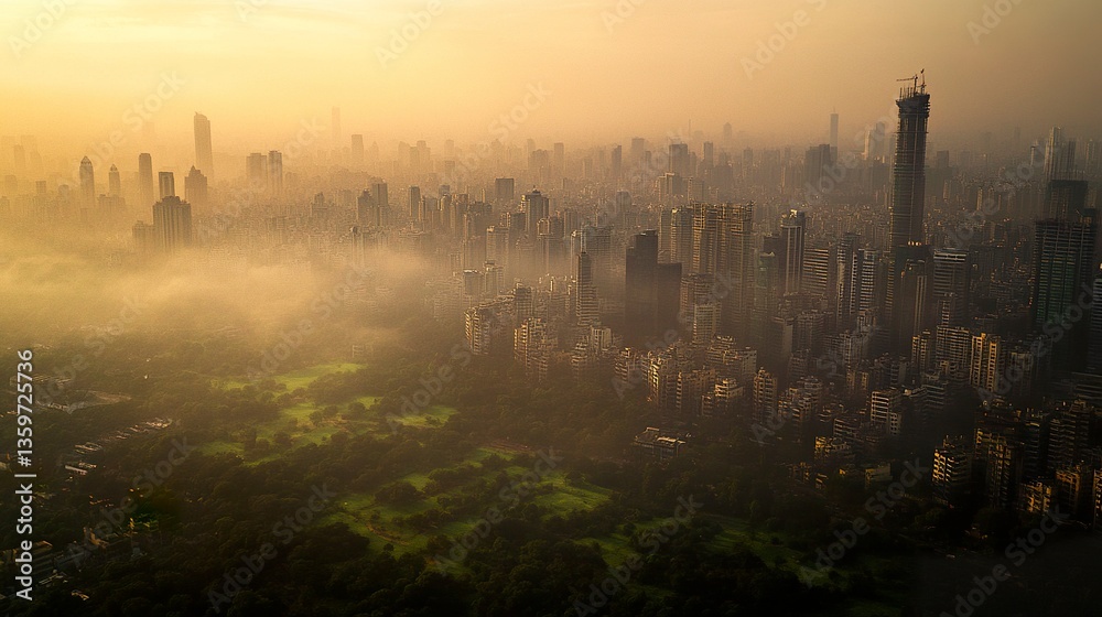 Naklejka premium Modern Pune skyline seen from an aerial view, skyscrapers towering amidst a hazy smoggy atmosphere, green patches of trees breaking the concrete monotony, soft evening light enhancing the cityscape 