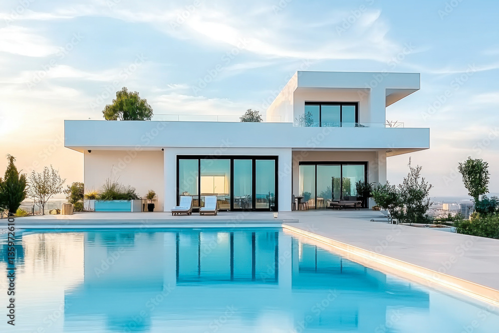 Fototapeta premium Modern and minimalist house with garden swimming pool
