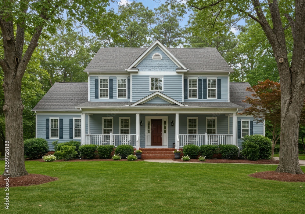 Obraz premium A two story house with a porch and a lawn surrounded by trees on a sunny day in the summer