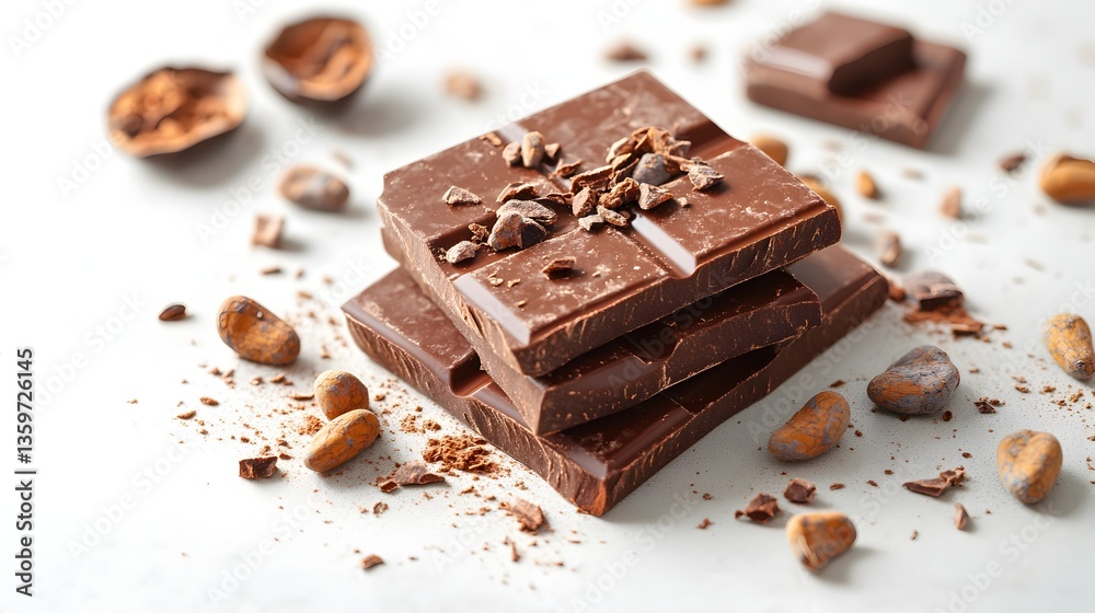 Delicious dark chocolate squares stacked high with cocoa nibs and beans scattered around on a light gray surface. Delicious dark chocolate squares stacked high with cocoa nibs and beans scattered around on a light gray surface.