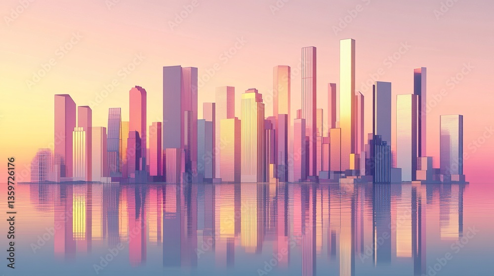 Fototapeta premium Modern urban skyline set against a pastel sunset sky, glass skyscrapers glowing softly in pink and gold tones, the still water below reflecting the harmonious scene