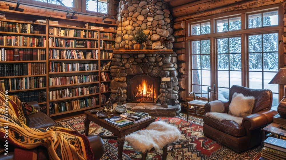 Cozy log cabin library with fireplace (2)
