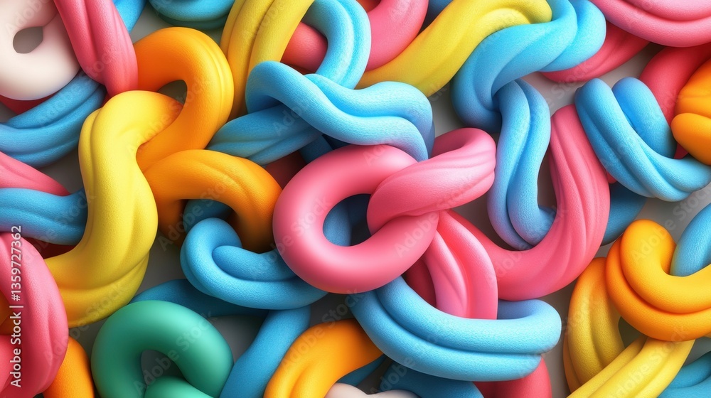 Fototapeta premium A vibrant close-up view of colorful tangled strands resembling shiny clay or putty in bright shades of pink blue yellow orange and green intertwined together