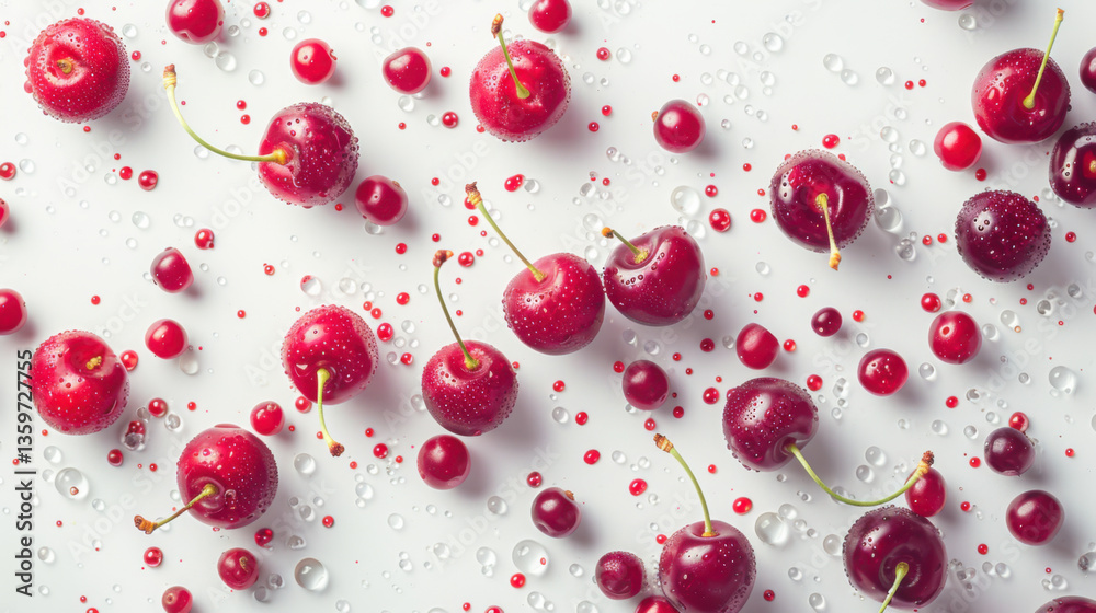 Various falling fresh ripe cherry on light white background, horizontal composition Various falling fresh ripe cherry on light white background, horizontal composition