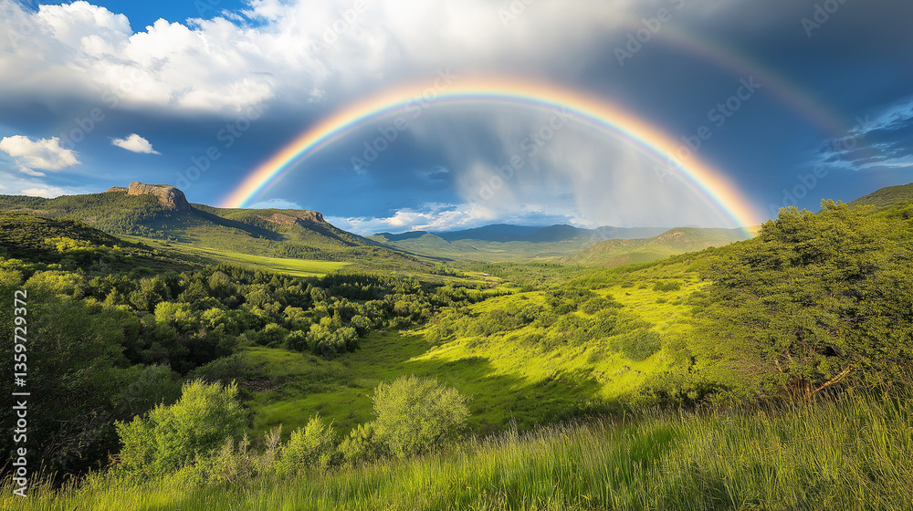 Naklejka premium rainbow over green field, rainbow over the meadow, rainbow over the mountains