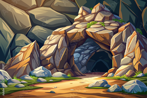 landscape with a rocky cave with stones illustration cartoon