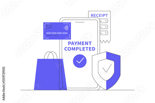 Online shopping concept template, Transaction, Mobile banking, Cashless payment, Secure digital payment, E-banking app, Credit card payment, E-bill. Flat Cartoon Vector Illustration, icon. Stylish web