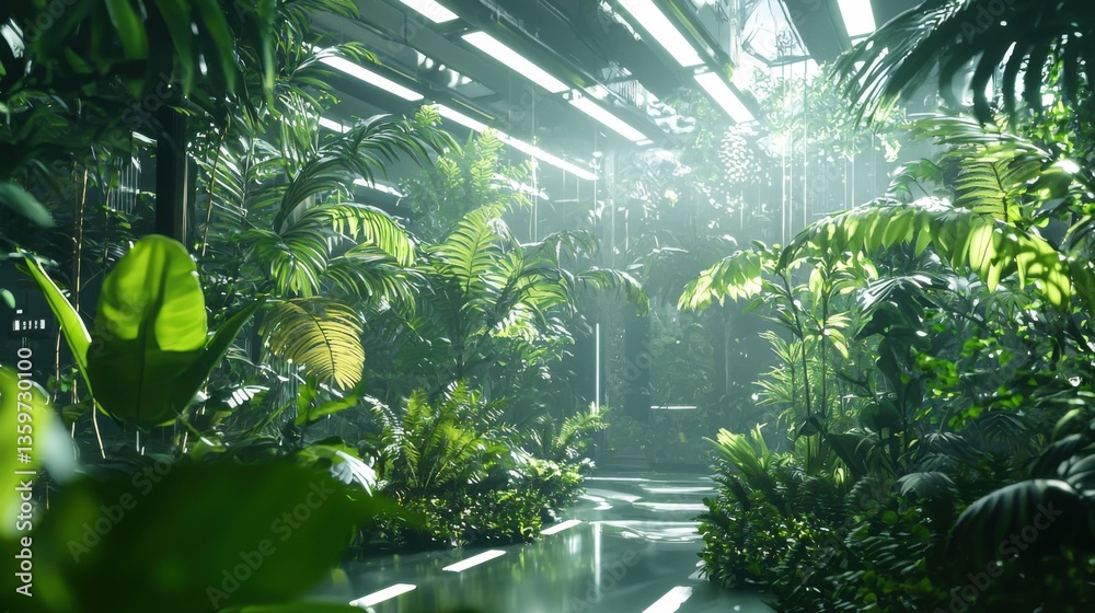 Lush Tropical Greenery Surrounded by Modern Design and Soft Light