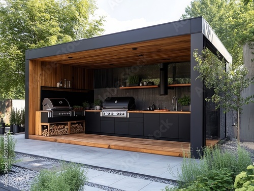  Modular outdoor kitchen island features kamado grill, griddle, pizza oven built into black cabinetry with wood accents and weatherproof sleek finish