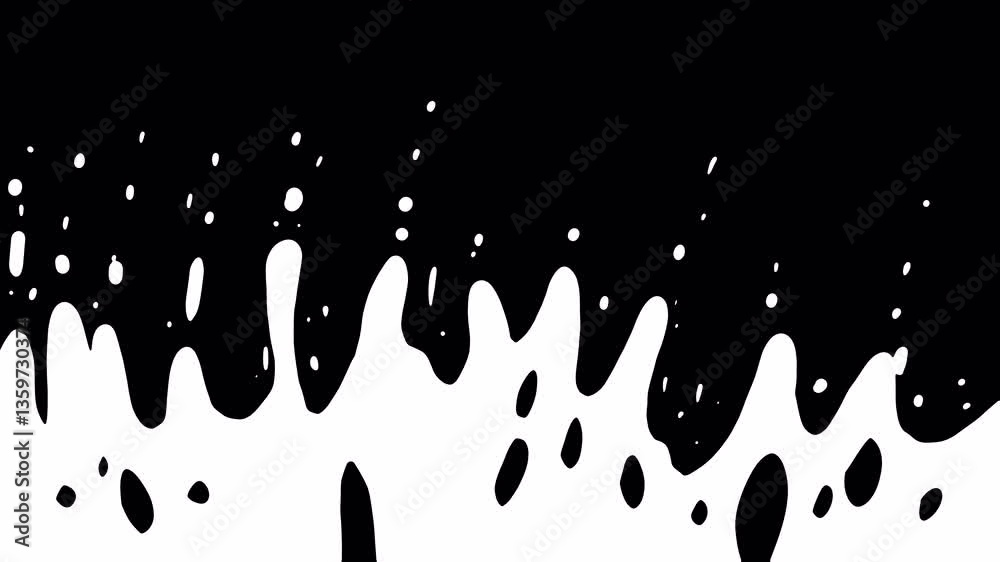 White liquid swirls, splashes, and drips on a black screen. Stock transition with a viscous white substance in 4K with an alpha channel. Cartoon-style video transition with a 2D inkblot.