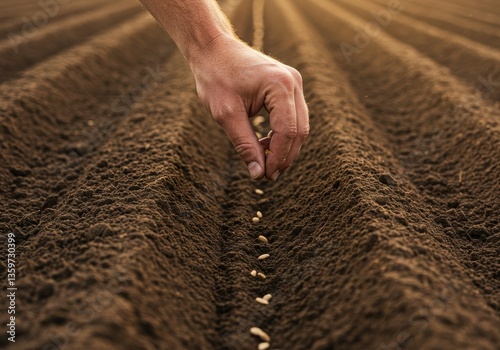 A hand sowing seeds in a furrow of dark soil with sunlight shining on the field in a rural setting