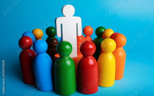 un lider de color blanco destaca sobre figuras de colores, liderazgo conduccion de la masa, el pueblo representacion 