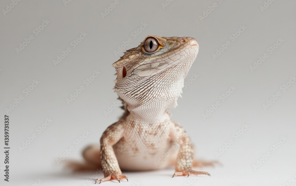 Obraz premium Close-up of a small, light brown lizard with speckled skin, looking upward against a plain white background. The lizard's texture and details are clearly visible