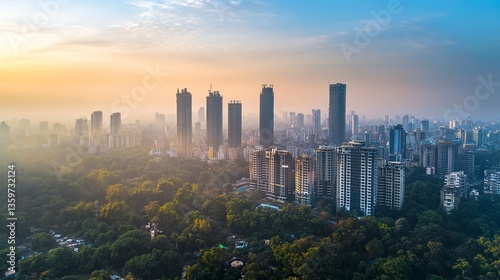 Pune skyline as seen from above, skyscrapers rising through the haze, soft sunlight illuminating treetops amidst the dense urban layout, hazy smog creating a serene muted tone 