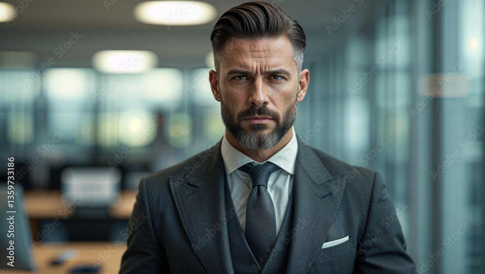 A confident businessman stands ready in his modern office, exuding a sense of purpose and leadership. A confident businessman stands ready in his modern office, exuding a sense of purpose and leadership.