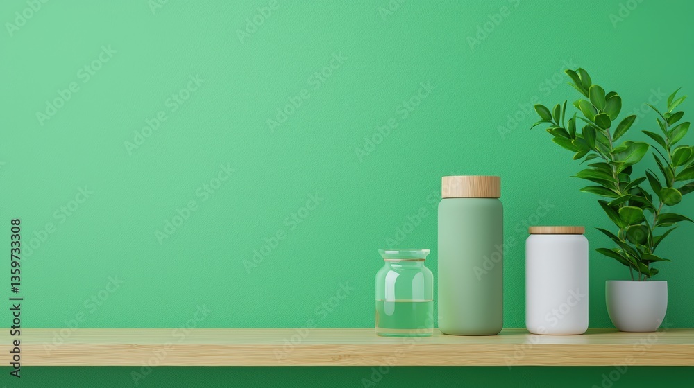 Fototapeta premium A minimalist shelf with green jars and a small plant against a vibrant green wall, creating a fresh and modern ambiance, Sustainable Living.