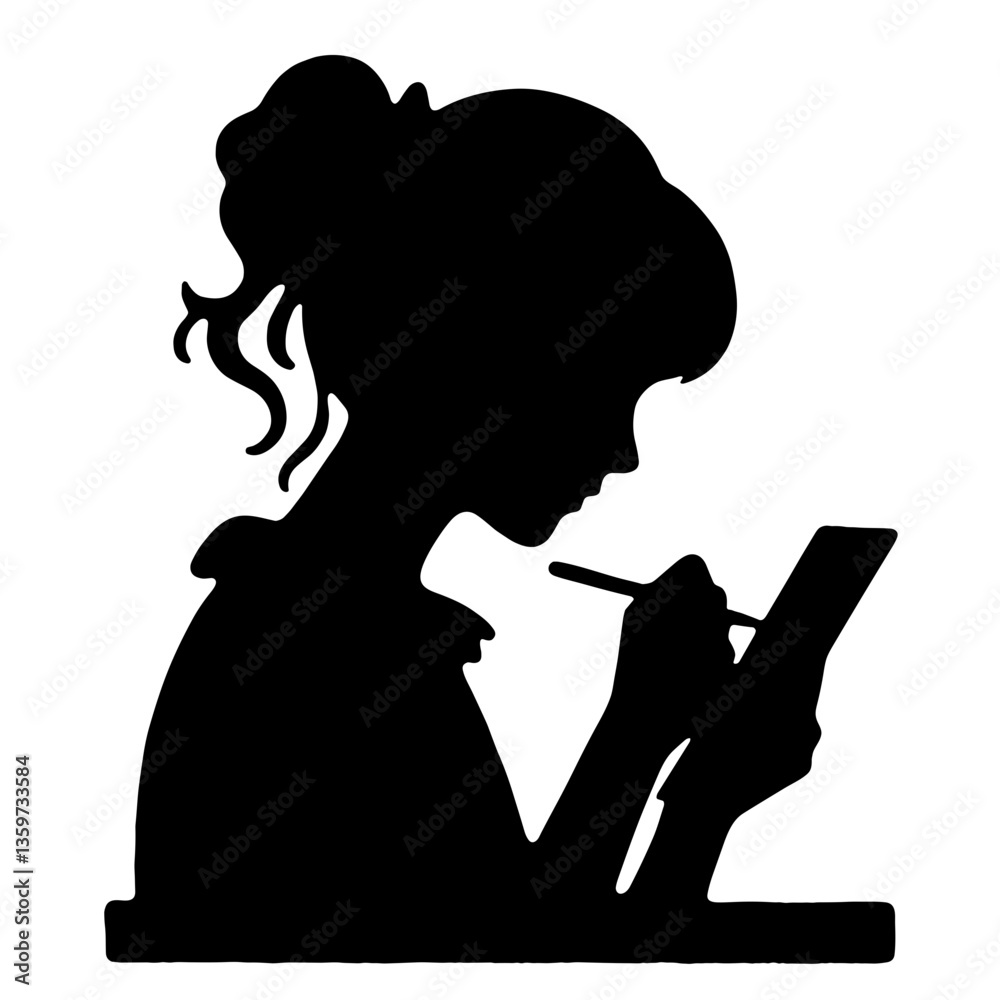 Schoolgirl writing in notebook silhouette Schoolgirl writing in notebook silhouette