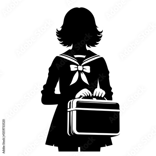 Schoolgirl holding lunchbox silhouette from front view