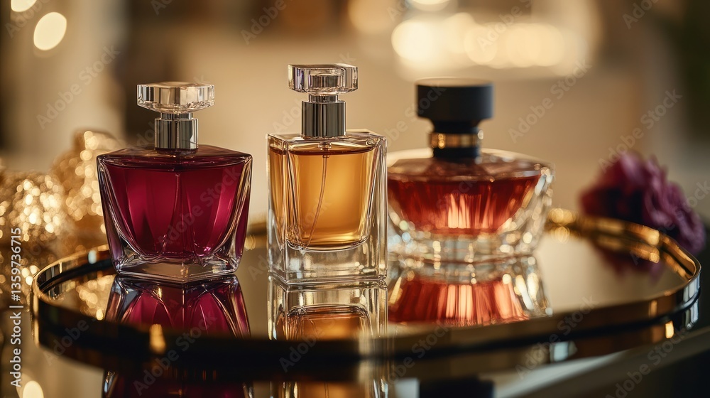 Elegant perfume bottles displayed on a tray, showcasing various scents. Golden accents enhance the luxurious presentation Elegant perfume bottles displayed on a tray, showcasing various scents. Golden accents enhance the luxurious presentation