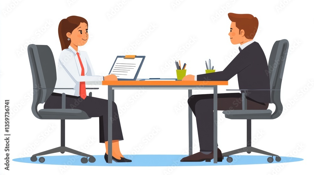 A professional job interview scene with a woman presenting a resume to a man in a modern office setting A professional job interview scene with a woman presenting a resume to a man in a modern office setting