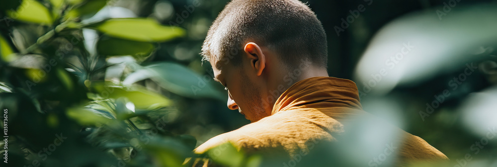 Man in Mustard Shirt Partially Obscured by Foliage