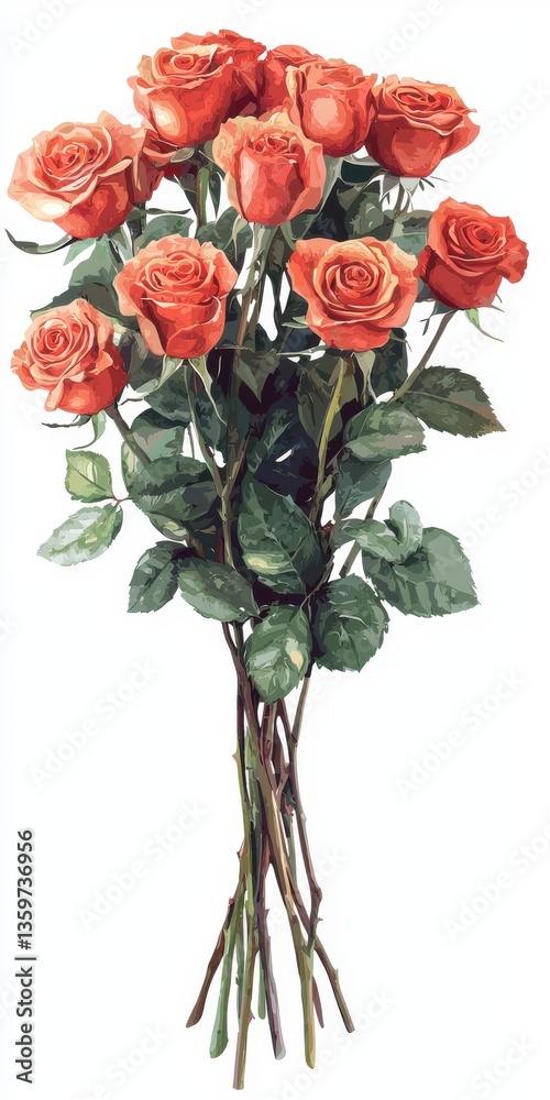 Fototapeta premium Beautiful bouquet of vibrant orange roses with lush green leaves in a classic arrangement on a white background