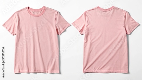 Front and back view mockup of a plain pastel pink tshirt on a white background, displayed side by side, smooth texture, realistic shadow effects, minimalistic design, sharp edges