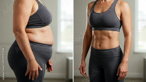 Before and after weight loss transformation of a woman, showcasing fitness journey, determination, and body positivity. Ideal for content on weight loss, exercise, diet, health, and wellness
