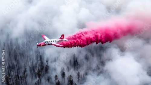 Emergency response plane drops fire suppressant over wildfire aerial view nature cloudy environment conservation efforts