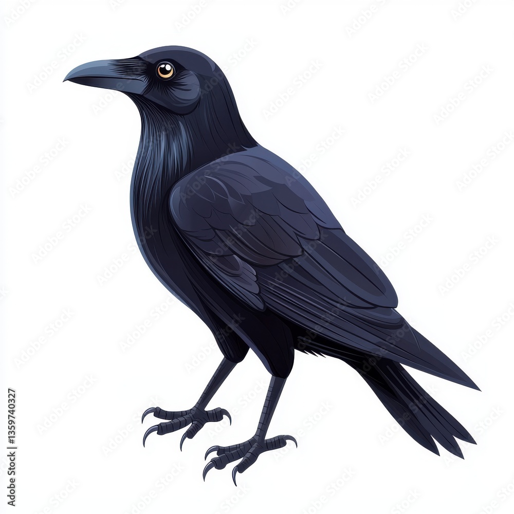 Fototapeta premium Realistic illustration of a solitary black raven perched elegantly with intricate feather details against a neutral background.