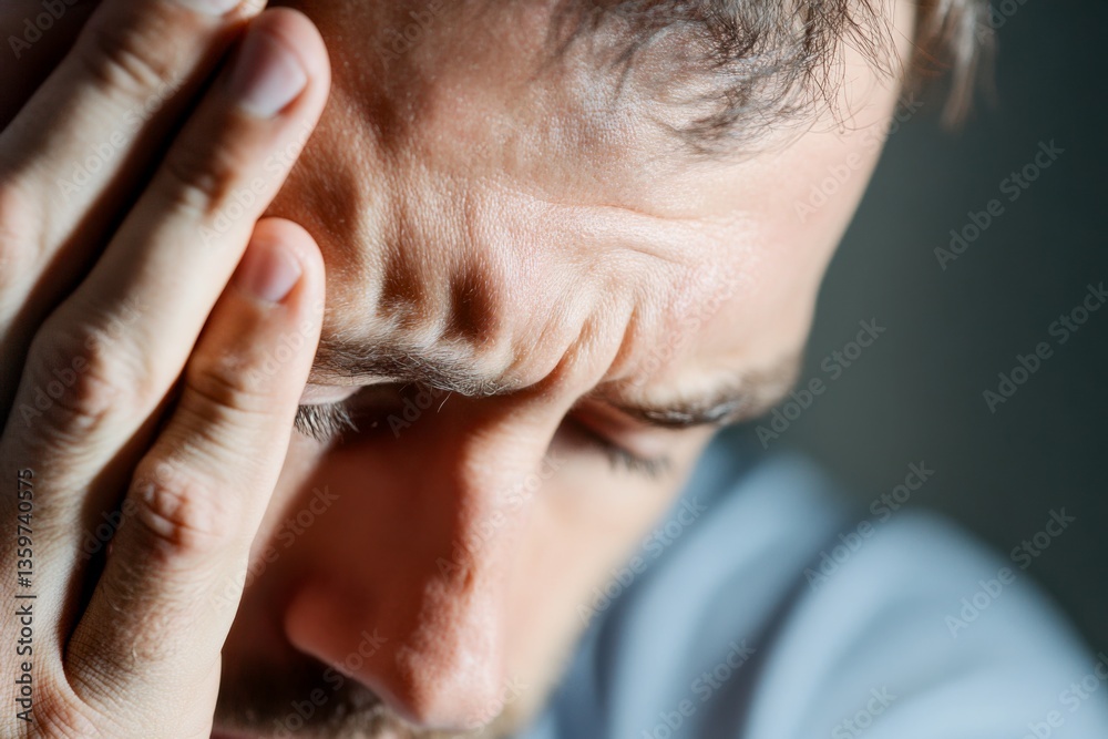 Stressed man holding head in pain headache, migraine, mental stress, and health issues concept close up