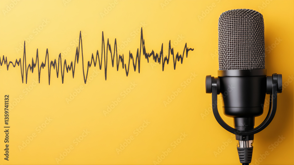 Fototapeta premium Studio recording rode NT1. A condenser microphone sound checker podcasting with sound waveform silhouette. Heartbeat pulse microphone, music, karaoke, sound amplifier mic. 