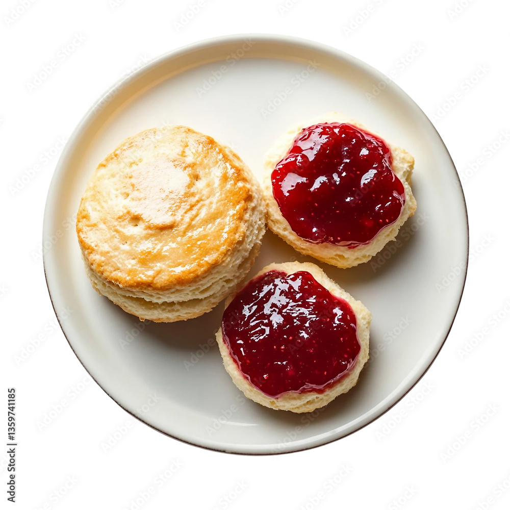 Scone with berry jam on plate isolated on transparent and white background. Scone with berry jam on plate isolated on transparent and white background.