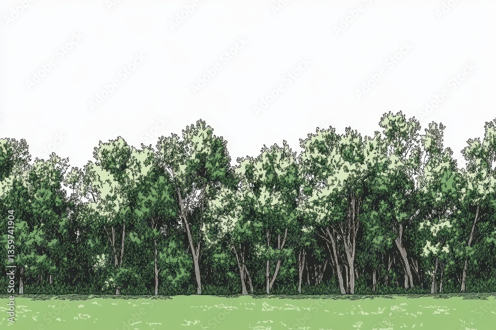 Fototapeta premium Lush Green Trees Bordering a Clear Sky Landscape Illustration