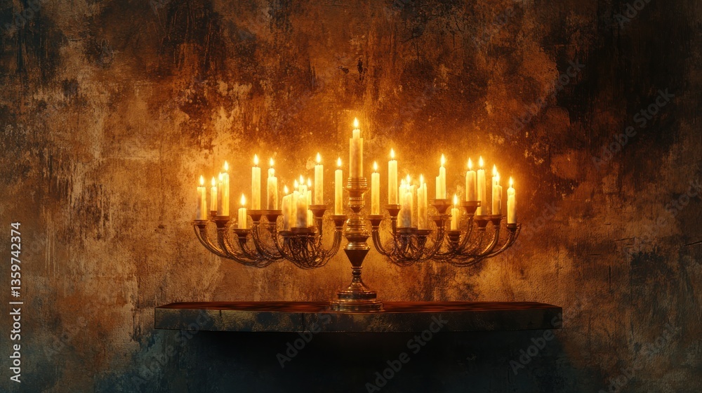 Fototapeta premium Antique candelabra with many burning candles on a dark wooden surface against a textured wall.