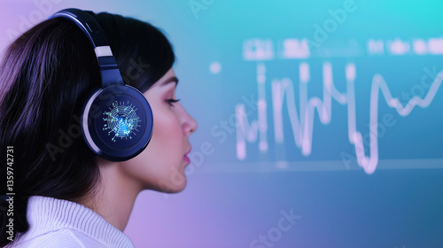 Futuristic Concept of Music and Brain Waves – Woman with Headphones and Sound Visualization