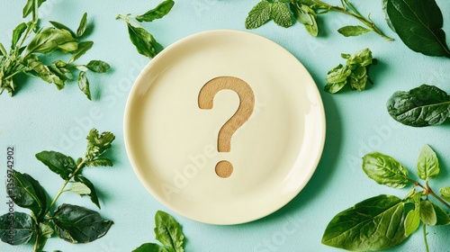 A plate with a question mark on it, symbolizing the shift to plant-based eating.