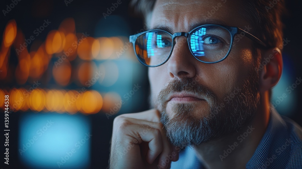 Pensive Businessman with an Overlay of Financial Charts Pensive Businessman with an Overlay of Financial Charts