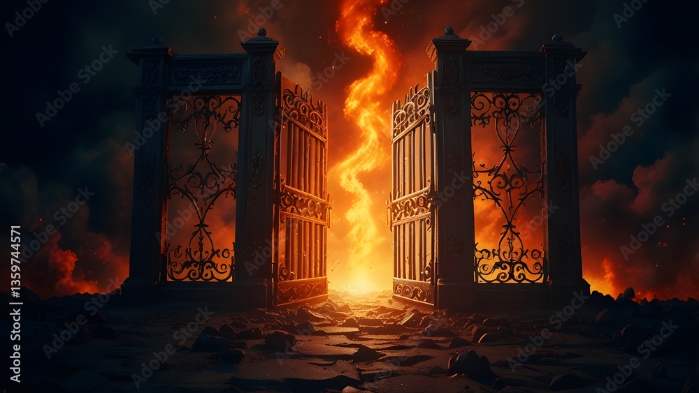 Heaven paradise and fiery hell gates choice. Door to heaven and hell. Good and evil, light and darkness. God's judgment, christianity concept. Religious background for design banner, poster