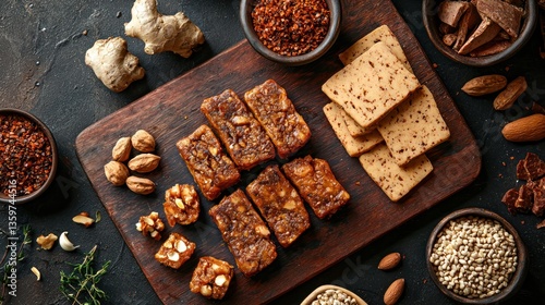 Vegan meat alternatives like jackfruit, seitan, and tempeh on a cutting board.