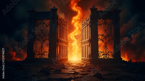 Obraz na płótnie Heaven paradise and fiery hell gates choice. Door to heaven and hell. Good and evil, light and darkness. God's judgment, christianity concept. Religious background for design banner, poster w salonie